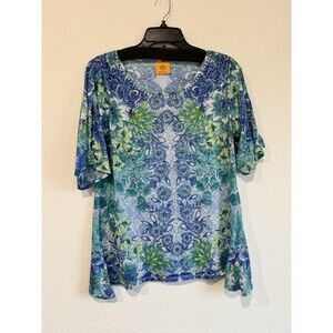 Ruby Rd Women's Blue Green Floral Rhinestone Short Sleeve Blouse Flutter Sleeve